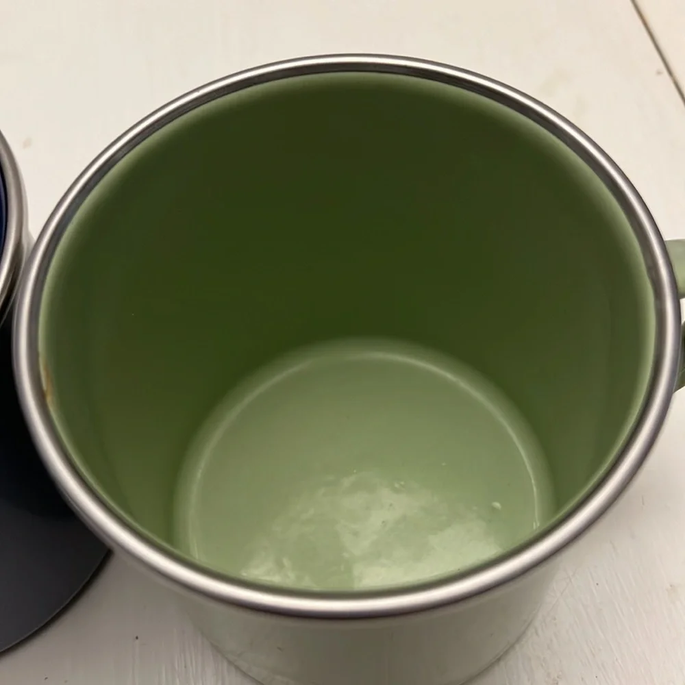 Pair of Pottery Barn Enamel Oversized Camper Mugs